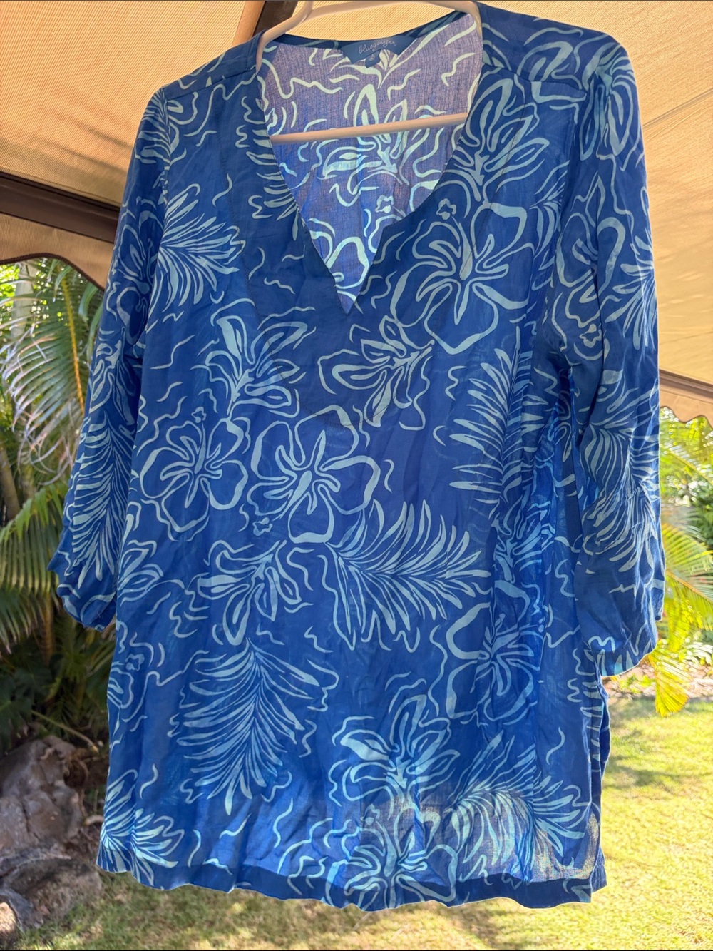 Blue Floral V-Neck Women's Swim Coverup Tunic